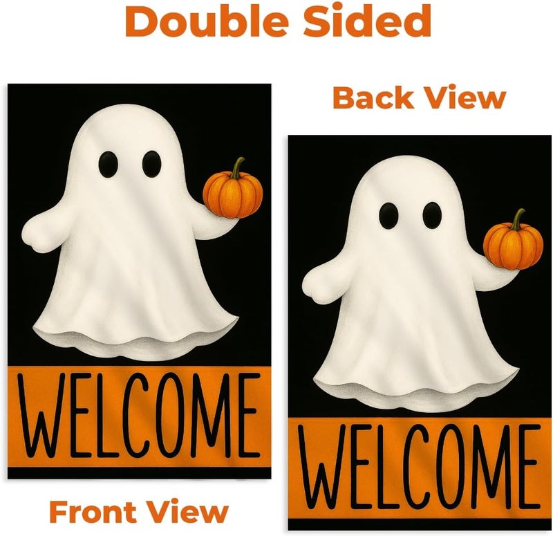KarvePro Welcome Halloween Garden Flag 12x18 – Spooky Double Sided Burlap Yard Flag for Outside with Ghost & Pumpkin – Weatherproof Fall Outdoor Decor - Image 4